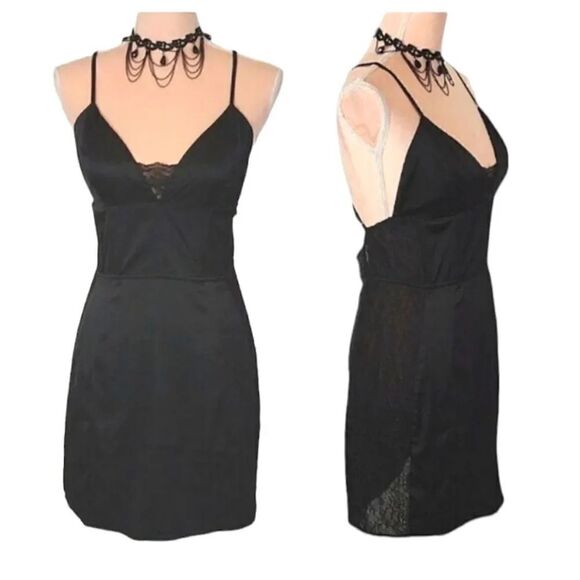 Y2K Black Satin And Lace Strappy Tank Mini Slip Dress Large *fits like Small - Picture 4 of 16